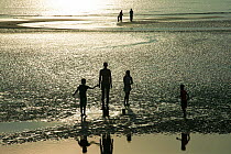 Silhouettes of Sir Antony Gormley&#39;s sculptures &#39;Another Place&#39; on Crosby beach, with tourists reflected in tidal pool, Liverpool bay. Mersey Estuary, England, UK, October 2011.