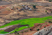 Rice (Orzya sativa) field and village in valley. View from Granite Mountain, Anja Community Reserve, Madagascar. 2018.