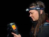 Lucy Bearman-Brown using a thermal imager to find Hedgehogs (Erinaceus europaeus) out foraging after dark, Hartpury University, Gloucestershire, UK, June 2019. Model released.