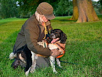 Louise Wilson of Conservation K9 Consultancy rewards sniffer dog Henry with a cuddle after he has indicated that he has found a Hedgehog (Erinaceus europaeus) hidden in a daytime nest in undergrowth,...