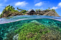 Split level image of hard coral garden flourishing in shallow water below Misool Eco Resort. Misool, Raja Ampat, West Papua, Indonesia. Ceram Sea. Tropical West Pacific Ocean.