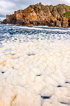 Foam on the surface of the ocean, probably caused by a algal bloom (Phaeocystis globosa) Lands End, Cornwall, England, United Kindom. British Isles. North East Atlantic Ocean