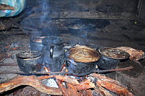 Cooking over fire of endangered Polylepis wood, showing wood store, remote paramo community of La Granja, Azuay, Andes, Southern Ecuador.