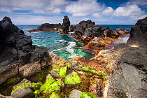Volcanic rock on coast. Mosteiros, Sao Miguel Island, Azores, Portugal. 2019.