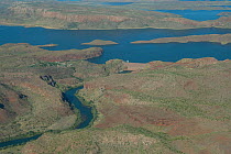 Aerial view of reservoir, dam and the Ord River. Lake Argyle, The Kimberley, Western Australia. 2015.