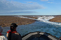 Tourists in boat watching water running off Montgomery Reef with ebbing tide. Doubtful Bay, The Kimberley, Western Australia. 2015.