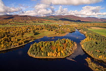 Loch Insh and the island of Tom Dubh in the Cairngorms National Park, Scotland, UK, October 2017