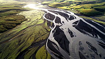 Aerial shot of the estuary of the Holmsa and Kudafljot glacial rivers, Grafarkirkja, Iceland, August 2018.