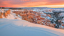 Landscape of wind blown snow and canyons at dawn. Inspiration point, Bryce Canyon National Park, Utah, USA, January.