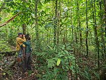Author Mark Cocker and local guide Joseph birdwatching in tropical rainforest. Nara, Makira, Solomon Islands. 2018.