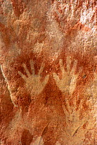 Handprint rock art created through spitting ochre over hands. In The Art Gallery, 62m of rock with 2000 stencils, engravings and paintings. Baloon Cave, Carnarvon Gorge, Carnarvon National Park, Queen...