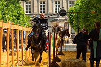 Man dressed as medieval knight riding Spanish stallion, jousting at quintain. Ommegang religious and historical pageant procession, Brussels, Belgium. June 2019.