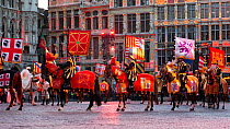 Costumed horses and riders in Ommegang religious and historical pageant procession. Grand-Place, Brussels, Begium. June 2019.