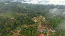 Aerial shot showing area of rainforest destroyed for luxury housing, Santo Domingo Province, Ecuador, 2017. (non-ex)