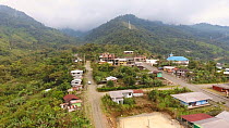 Aerial view of a village on the Amazonian slopes of the Andes, Morona Santiago Province, Ecuador, 2018. (non-ex)