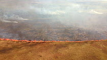 Drone shot of a wild fire in grasslands, with large smoke plumes, Brazil, 2019.