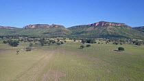 Drone shot tracking over cerrado grassland and cattle ranch landscape, with tall mountains and cliffs, Matto Grosso, Brazil, 2019.