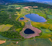 Lagoons of Gayangos with surrounding countryside of woodlands and fields, aerial view. Merindad de Montija, Burgos, Castile and Leon, Spain. June 2019.