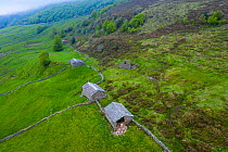 Cabanas Pasiegas and stone walls bordering fields at base of scrubby slope, aerial view. Portillo de La Sia, Soba Valley, Valles Pasiegos, Cantabria, Spain. May 2019.