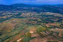 Agricultural landscape, a patchwork of fields with hills beyond. Cuestahedo, Merindad de Montija, Burgos, Castile and Leon, Spain. June 2019.