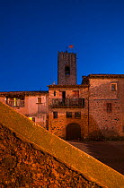 Buildings in Santa Pau village at night. La Garrotxa Natural Park, Girona Province, Catalonia, Spain. 2019.
