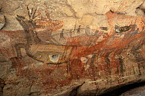 Prehistoric rock painting of Pronghorn antelope and Turkey vulture. La Pintada cave. San Francisco Sierra, El Vizcaino Biosphere Reserve, Baja California Peninsula, Mexico, March