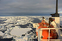 Lifeboat on Akademik Shokalskiy ship, ship heading eastwards through sea ice towards Cape Adare, East Antarctica. January 2018.