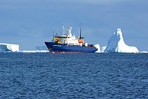 Expedition ship Akademik Shokalskiy anchored off Cape Adare, Victoria Land, East Antarctica. January 2018.