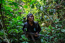 Portrait of female ecoguard / ranger Salonga National Park,  Democratic Republic of Congo. May 2017. There are 16 women who work as Ecoguards protecting the 8.9 million acres of Salonga National Park.