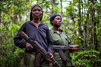 Portrait of two female ecoguards/ rangers, Salonga National Park, Democratic Republic of Congo. May 2017. There are 16 women who work as Ecoguards in Salonga National Park
