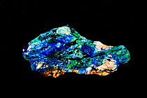 Azurite-malachite rock slab, cut and polished, white quartz with veins azurite and malachite copper minerals, occurs in copper-bearing rocks in central Siberia. Stepnoye Mine, Altay Mountains, Siberia...