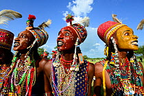 Men of the Wodaabe ethnic group in makeup and traditional dress singing, dancing, parading and displaying teeth as part of Gerewol gathering of different clans. Young women choose who will be their hu...