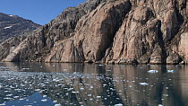 Tilt shot up from reflections to cliffs, water surface strewn with fragments of glacial ice, near Sermeq glacier, Prince Christian Sound, Greenland, 2016.