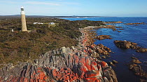 Aerial tracking shot around Eddystone Point Lighthouse, Tasmania, Australia, 2018.
