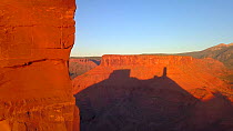 Aerial shot of Castleton Tower at sunset, with shadow, Castle Valley, Moab, Utah, USA, 2018.
