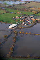 Aerial view of a flooded farm, Fishlake, South Yorkshire, UK. November 2019.