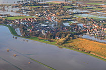 Aerial view of River Don showing flooded areas, Fishlake, South Yorkshire, UK. November 2019.