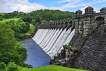 Dam of Lake Vyrnwy reservoir, water flowing down dam wall following heavy rainfall, surrounded by forest. Llanwddyn, Montgomeryshire, Powys, Wales, UK. June 2019.