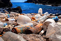 Plastic bottles and litter washed up on beach on south east coast of Tenerife