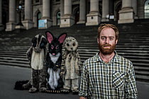 Campaign coordinator for GECO (Goongerah Environment Centre Office) Ed Hill and three protesters in costumes protesting against logging in East Gippsland on the steps of the Victorian Parliament. Left...