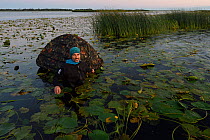 Phographer Oscar Dominguez in water with floating hide in the Nemunas Delta Nature Reserve, Lithuania.