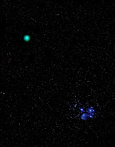 Widefield view of the comet 46P / Wirtanen buzzing past the Pleiades during the early morning hours. Echo Lake, Colorado, USA. September 17, 2018.