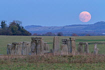 Supermoon rising over Stonehenge Wiltshire, the biggest Supermoon in 68 years and the closest since 1948. 13th November 2016.