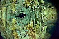 Limestone formations are reflected on the surface in Luengoni fresh water cave, Lifou with a diver in the background, New Caledonia, Pacific Ocean.
