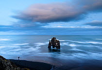 Photographer and Hvitserkur. Hvitserkur, a 15 m-high sea stack just off shore on the eastern side of Vatnsne, Iceland. October.