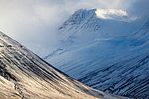 Mountains with snow in the area of Holar, Iceland. October.