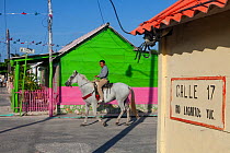 Man riding house past houses in Rio Lagartos, Yucatan Peninsula, Mexico, July