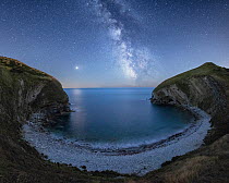 Milky Way and Mars over Pondfield Cove, Tyneham, Jurassic Coast World Heritage Site, Dorset, England, UK, August.