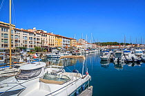 Pleasure boats in marina / yacht basin at Port-Vendres, Mediterranean fishing port along the Cote Vermeille, Pyrenees-Orientales, France. September 2018