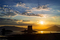 Castle Stalker, medieval four-story tower house / keep at sunset in Loch Laich, inlet off Loch Linnhe near Port Appin, Argyll, Scotland, UK. June 2018